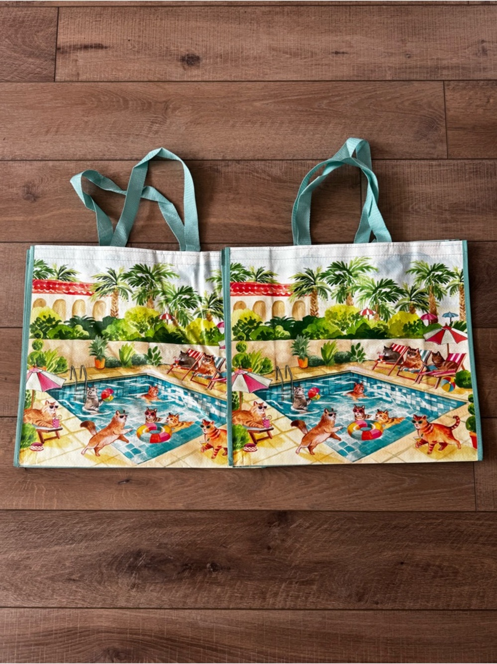 Homegoods TJMaxx Marshalls Cats at Pool Print Shopper Tote Bags Set of 2 NWOT